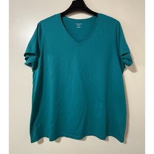 Lands' End Top Women's Size XL Green V- Neckline Short Sleeve Mature Casual